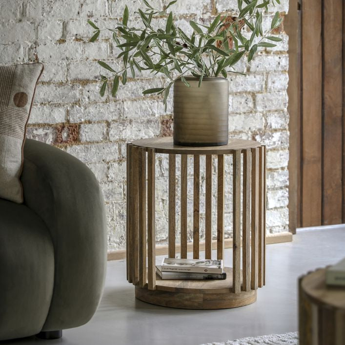 Nelson solid mango wood slatted round side table with storage | malletandplane.com