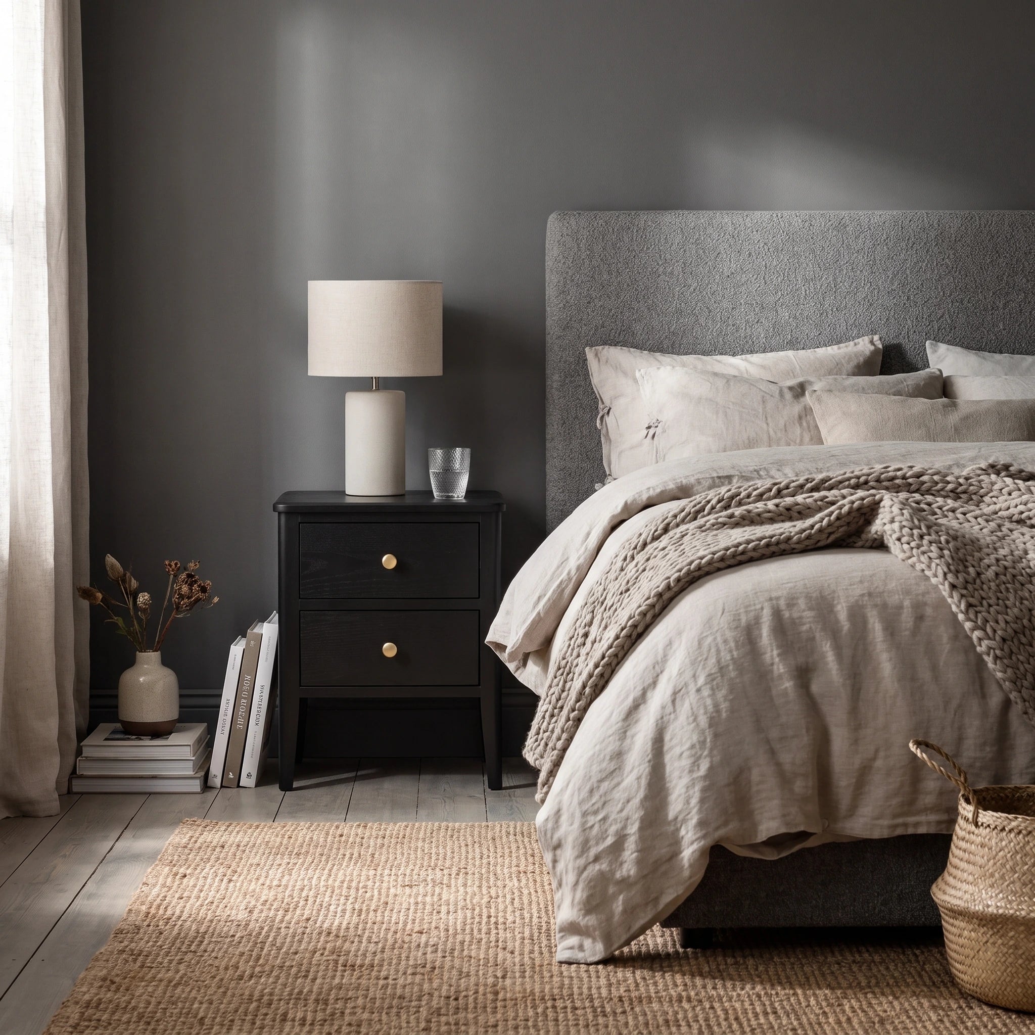 Alvar Black Two Drawer Bedside Table with gold handles and raised base