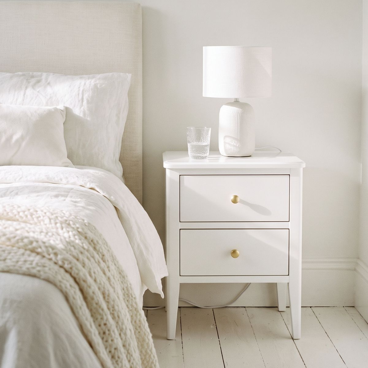 Alvar - Modern White Bedside Table with 2 Drawers | Gold Handle Nightstand