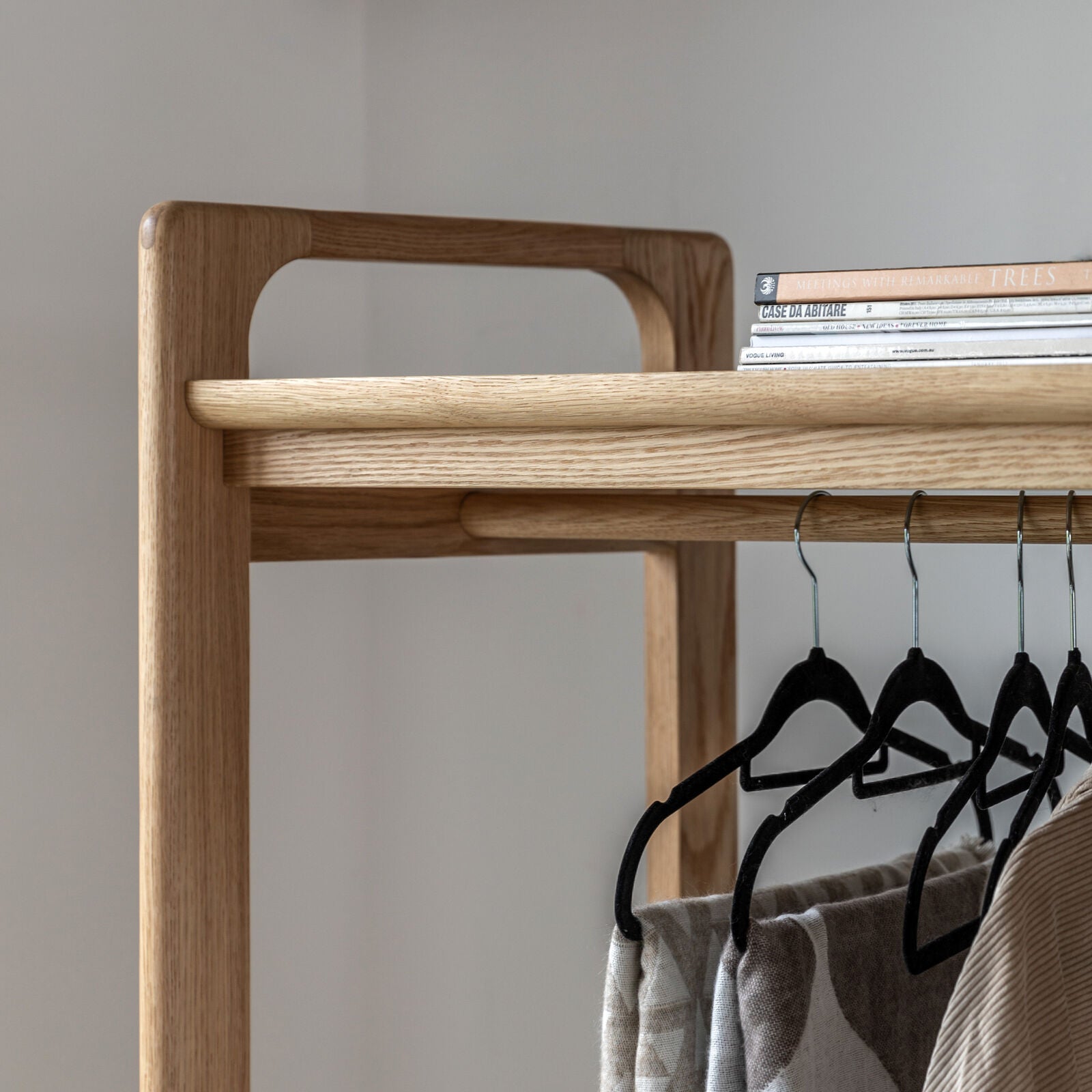 Artisan oak open wardrobe with two shelves and hanging rail | malletandplane.com