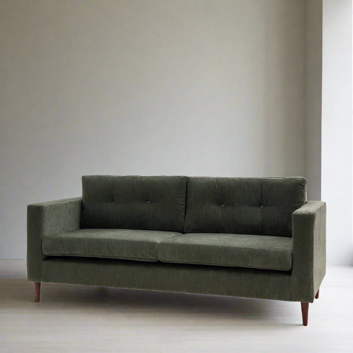 Chelsea contemporary 3 seat sofa in a choice of 3 colours with elegant tapered wooden feet | malletandplane.com