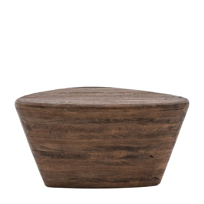 Jake triangle shaped mango wood side table in dark wood finish | malletandplane.com