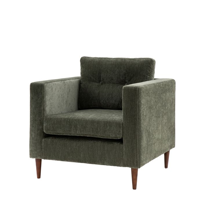 Chelsea contemporary armchair in a choice of 3 colours with elegant tapered wooden feet | malletandplane.com