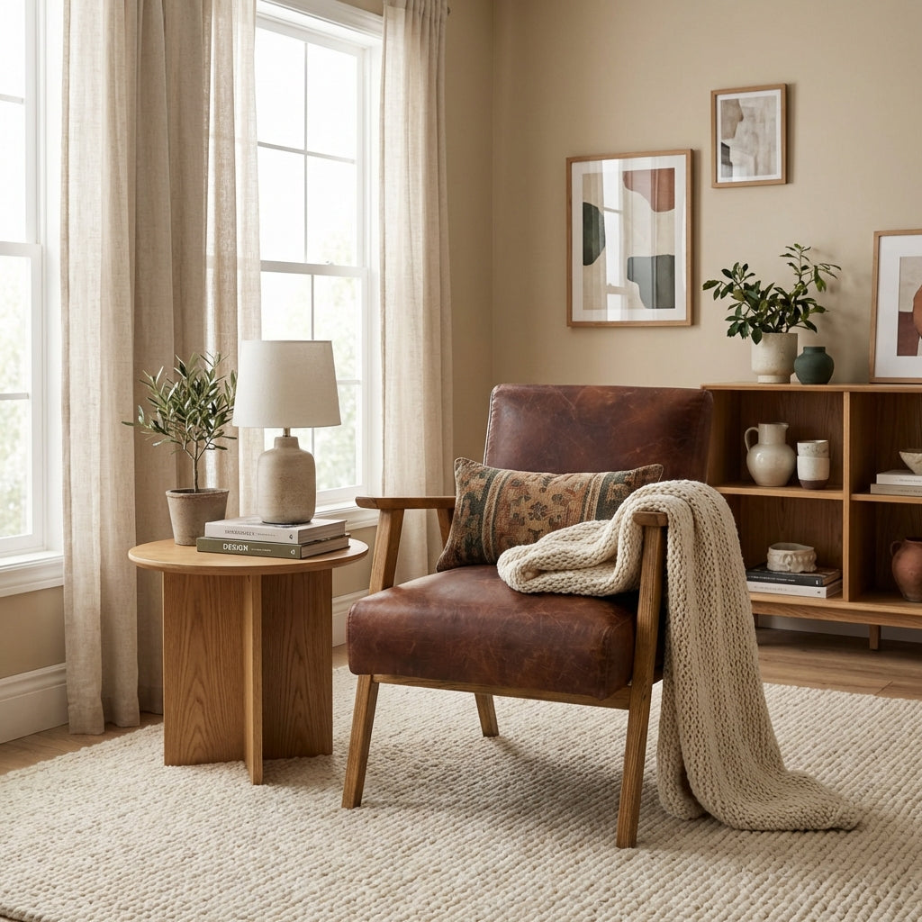 Barret mid century armchair in vintage brown top grain leather with ash wood frame