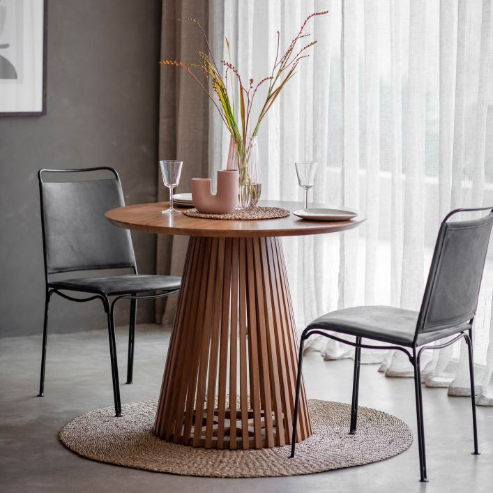 Regan solid acacia wood slatted 4 seater round dining table | malletandplane.com