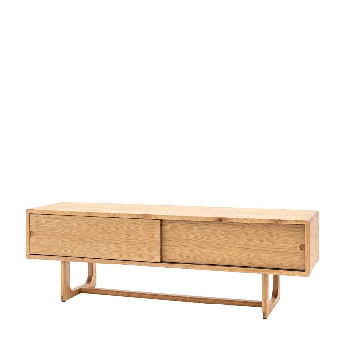 Artisan oak TV stand with 2 sliding doors and featuring cut out handles | malletandplane.com