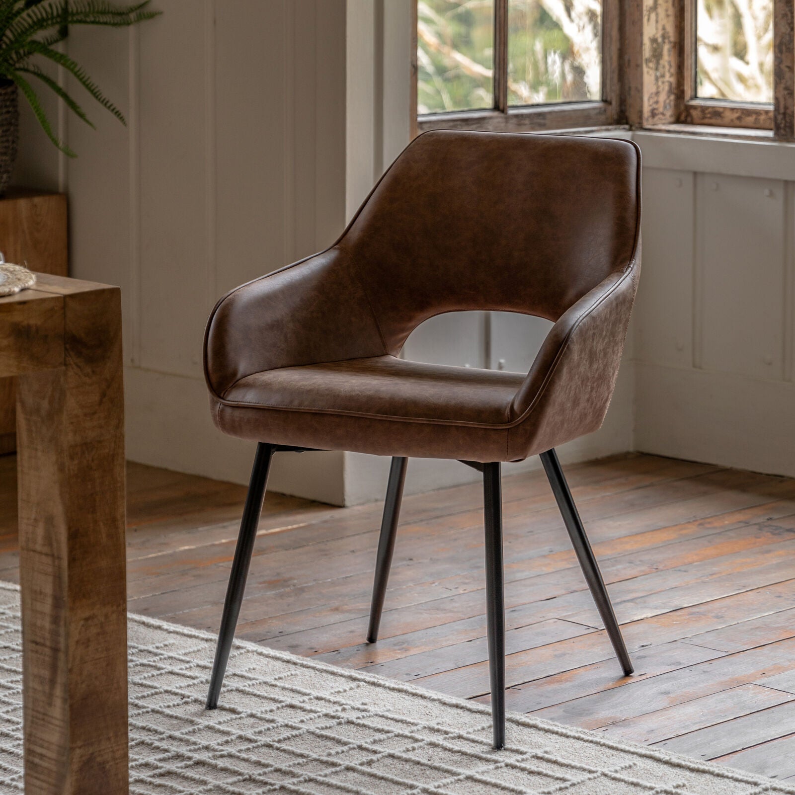 Brixton dining chair in PU brown leather with metal legs | malletandplane.com