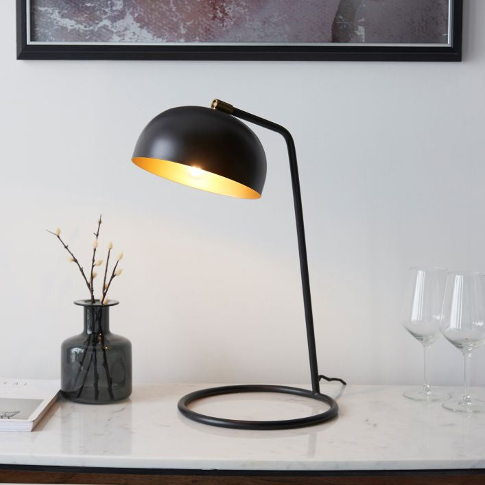 Brody table lamp in matt black with antique brass shade interior | malletandplane.com