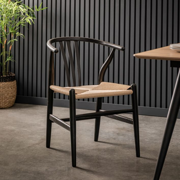 Burnham set of 2 dining chairs in either natural or black stained wood with wishbone back and handwoven kraft seat | malletandplane.com