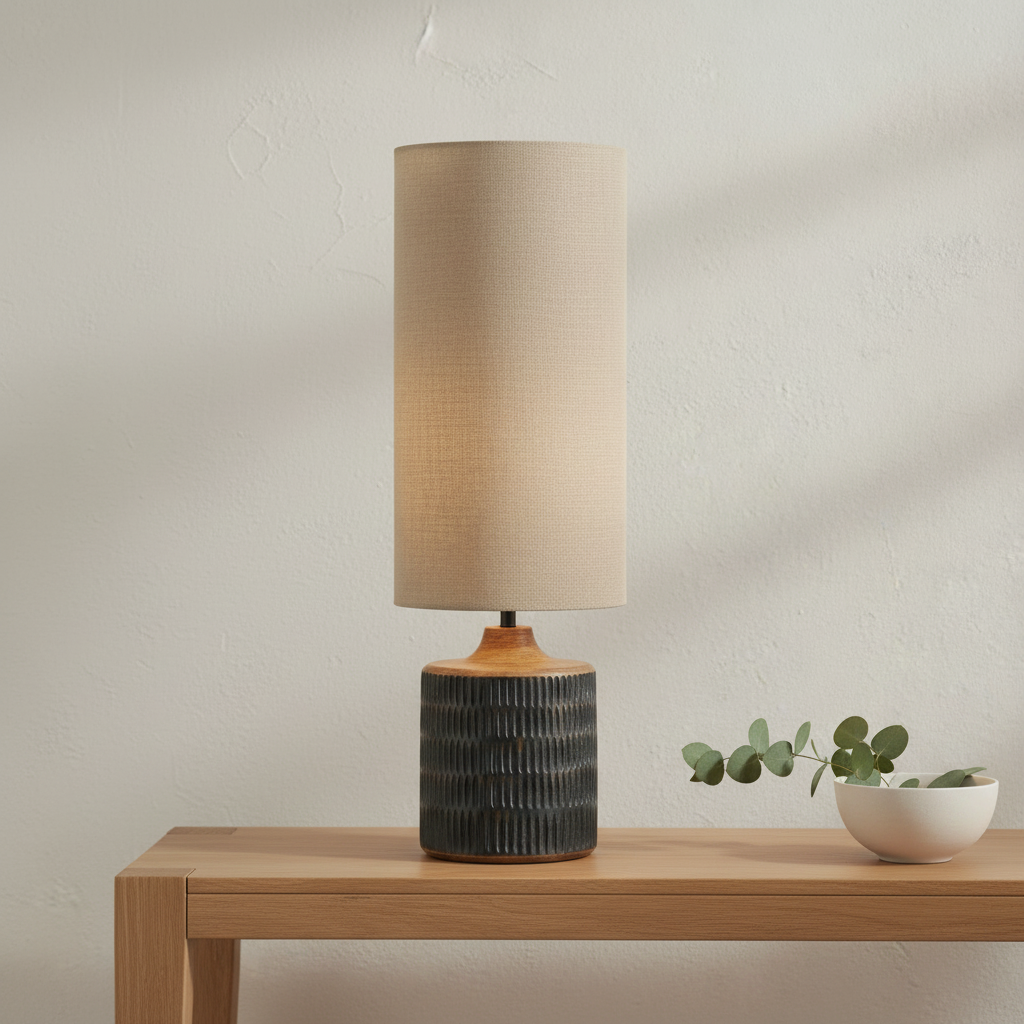 CARL Mango Wood Table Lamp – Antique Black Wash & Linen Shade