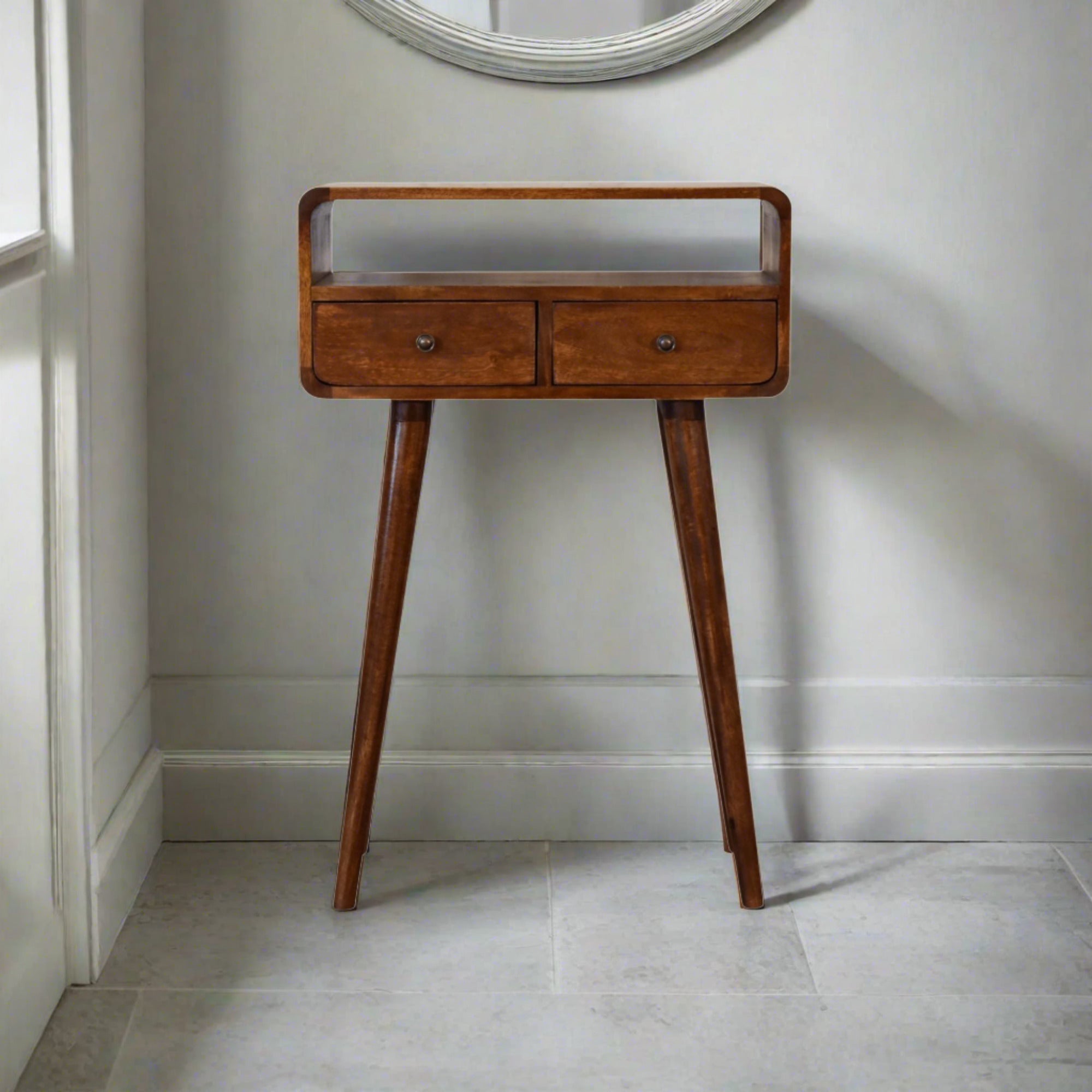 Century Handmade solid wood 2 drawer small console table in deep chestnut finish | malletandplane.com