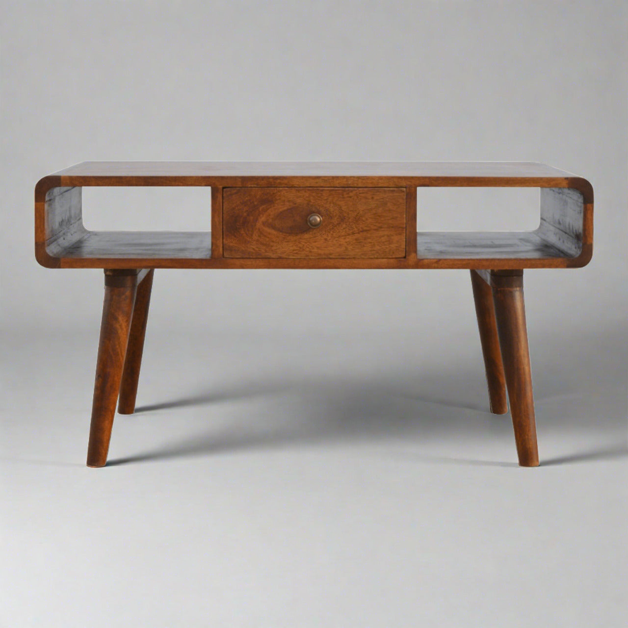 CENTURY Wood Coffee Table in deep chestnut finish with drawers and open storage slots | malletandplane.com