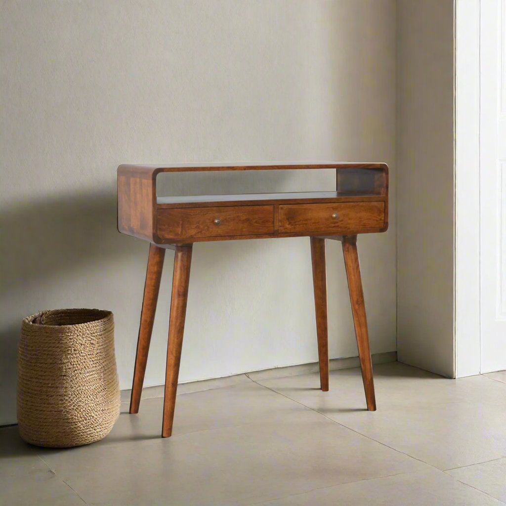 Century Handmade Solid Wood Curved Edge Slim Console Table with Drawers and an Open Storage Shelf in a Deep Chestnut Finish | malletandplane.com