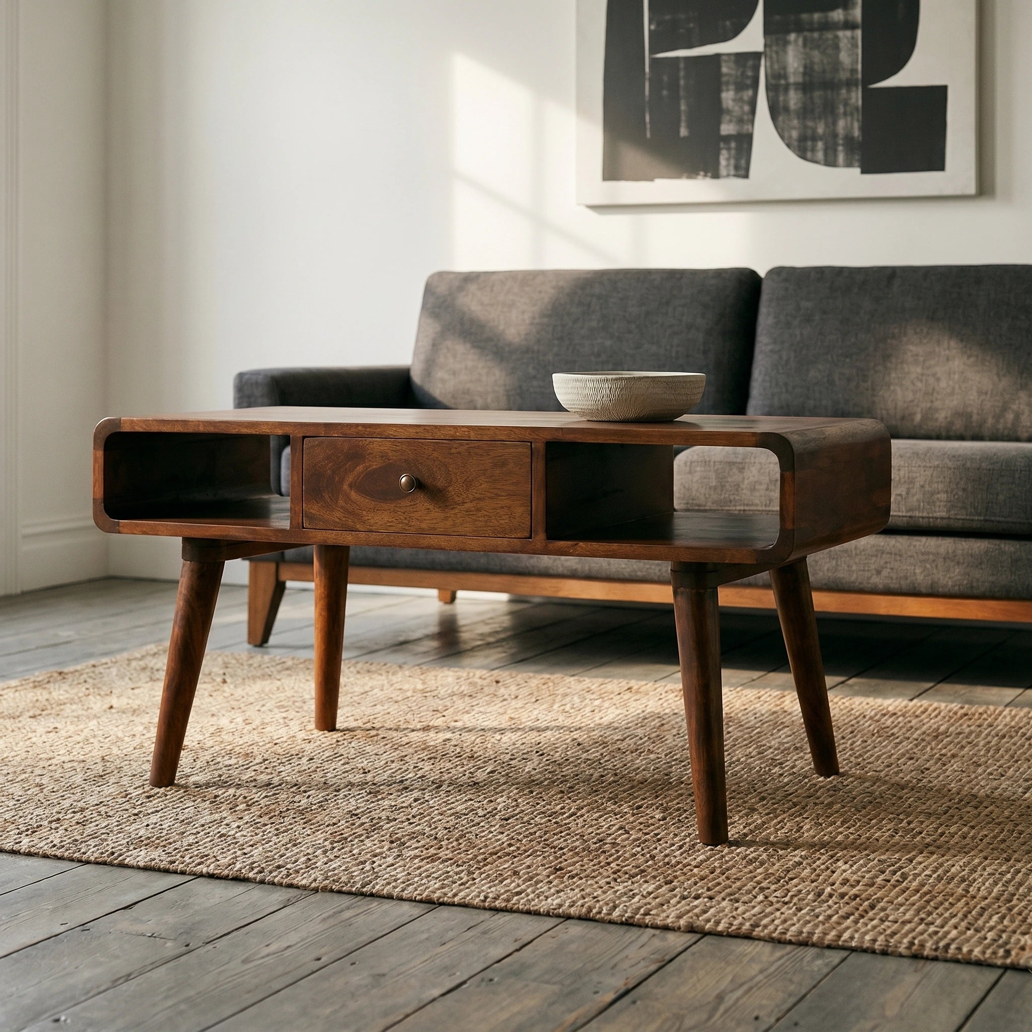 CENTURY Wood Coffee Table in deep chestnut finish with drawers and open storage slots