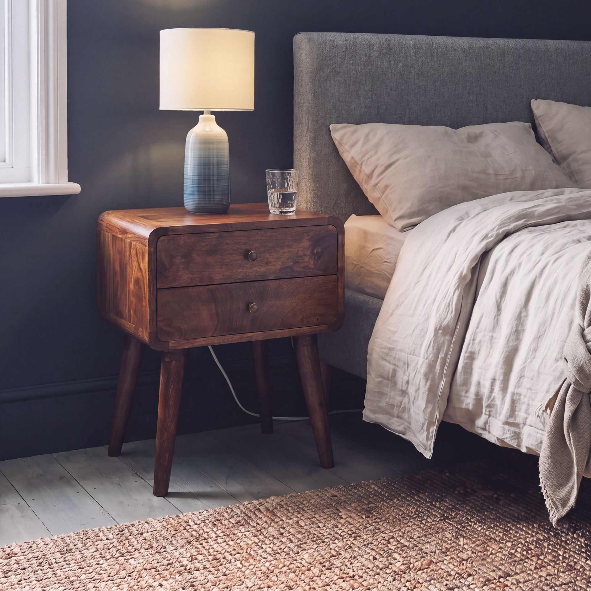 Century solid wood 45cm 2 drawer bedside table in deep chestnut finish