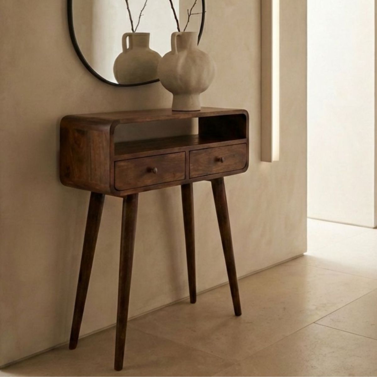 Century Handmade solid wood 2 drawer small console table in deep chestnut finish 