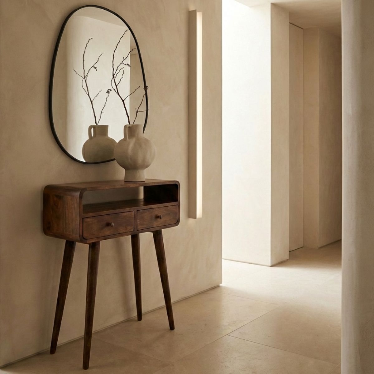 Century Handmade solid wood 2 drawer small console table in deep chestnut finish 