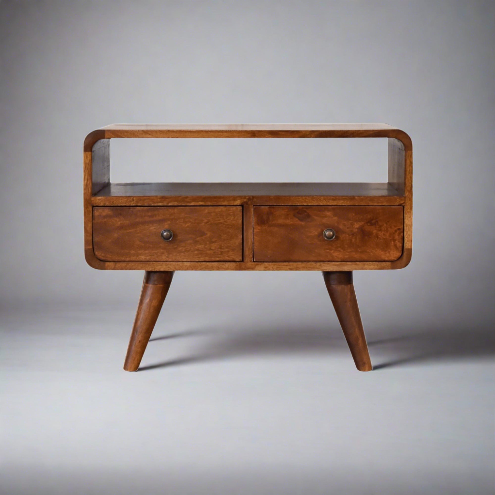 Century mini solid wood TV Stand with 2 drawers and open slot in Deep Chestnut Finish | malletandplane.com