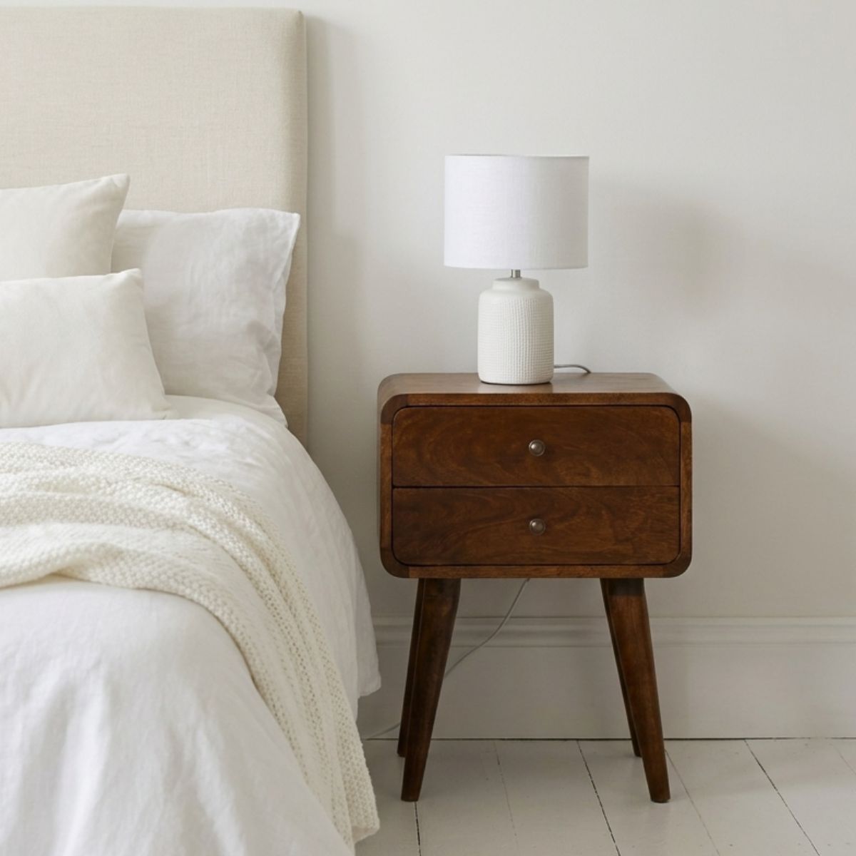 Century solid wood 45cm 2 drawer bedside table in deep chestnut finish