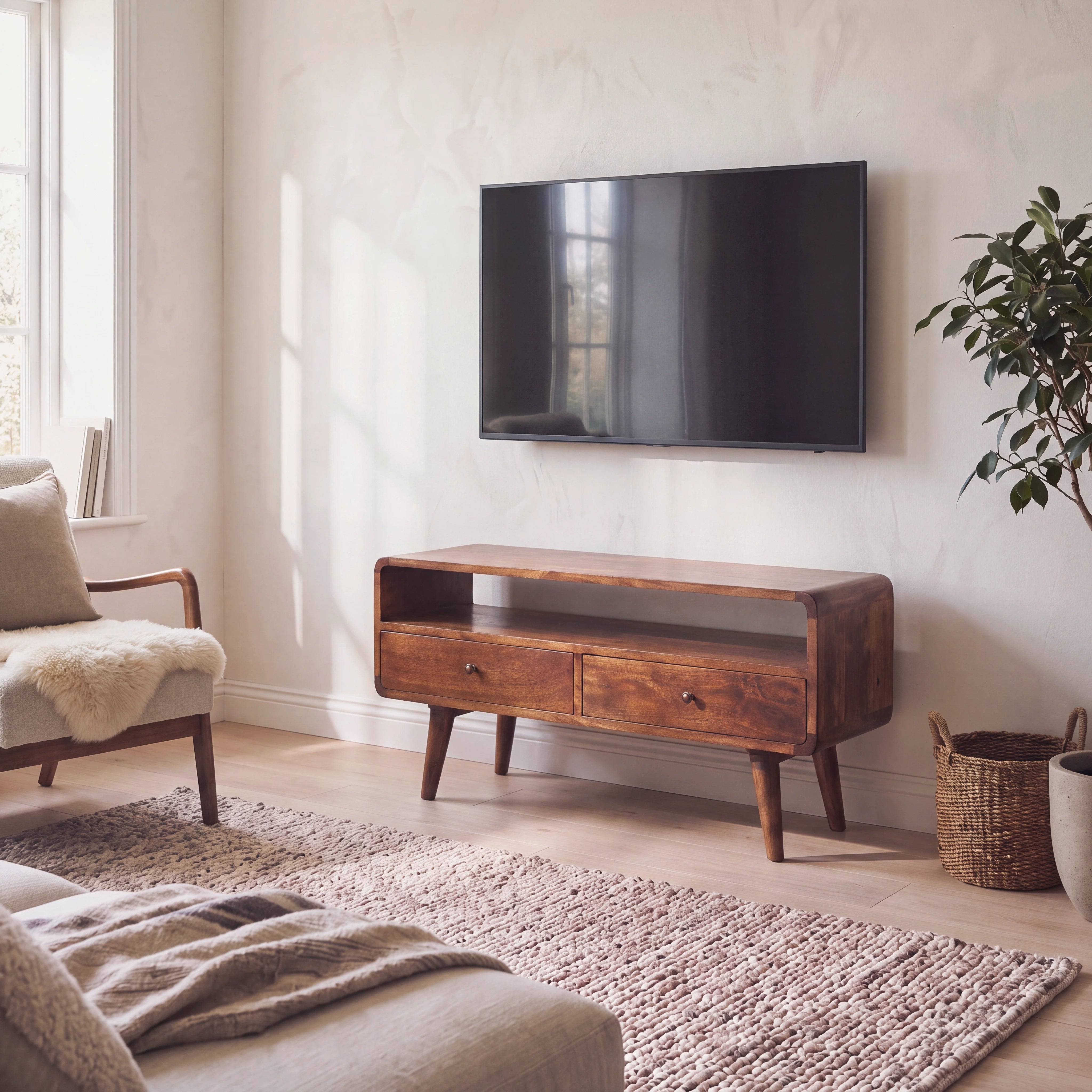 Century handmade wooden TV stand with 2 drawers in deep chestnut finish