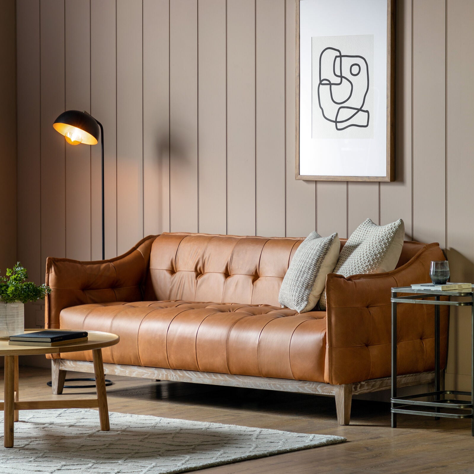 Chase 3 seat sofa in vintage brown leather with deep buttoned detailing and solid ash base and legs | MalletandPlane.com