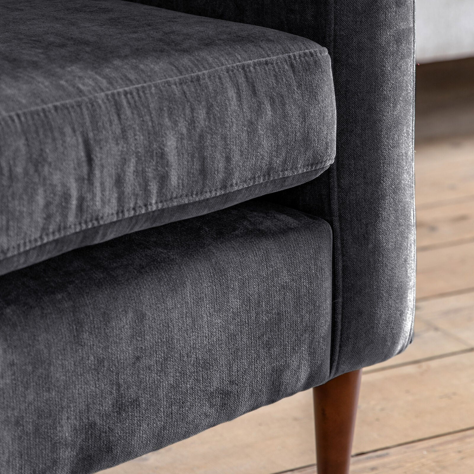 Chelsea contemporary armchair in a choice of 3 colours with elegant tapered wooden feet | malletandplane.com