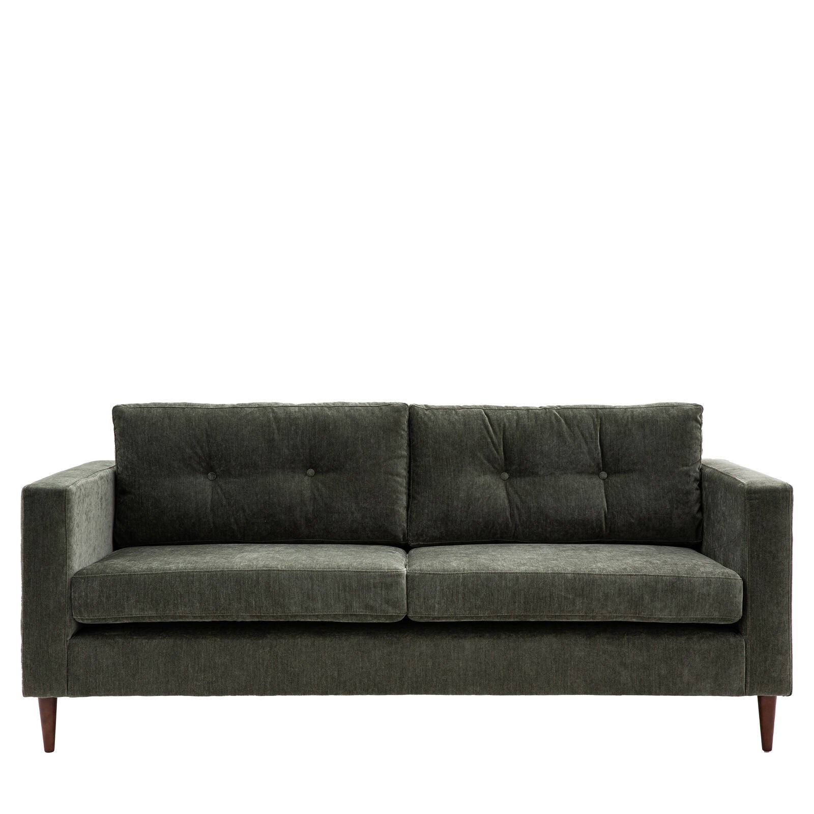 Chelsea contemporary 3 seat sofa in a choice of 3 colours with elegant tapered wooden feet | malletandplane.com