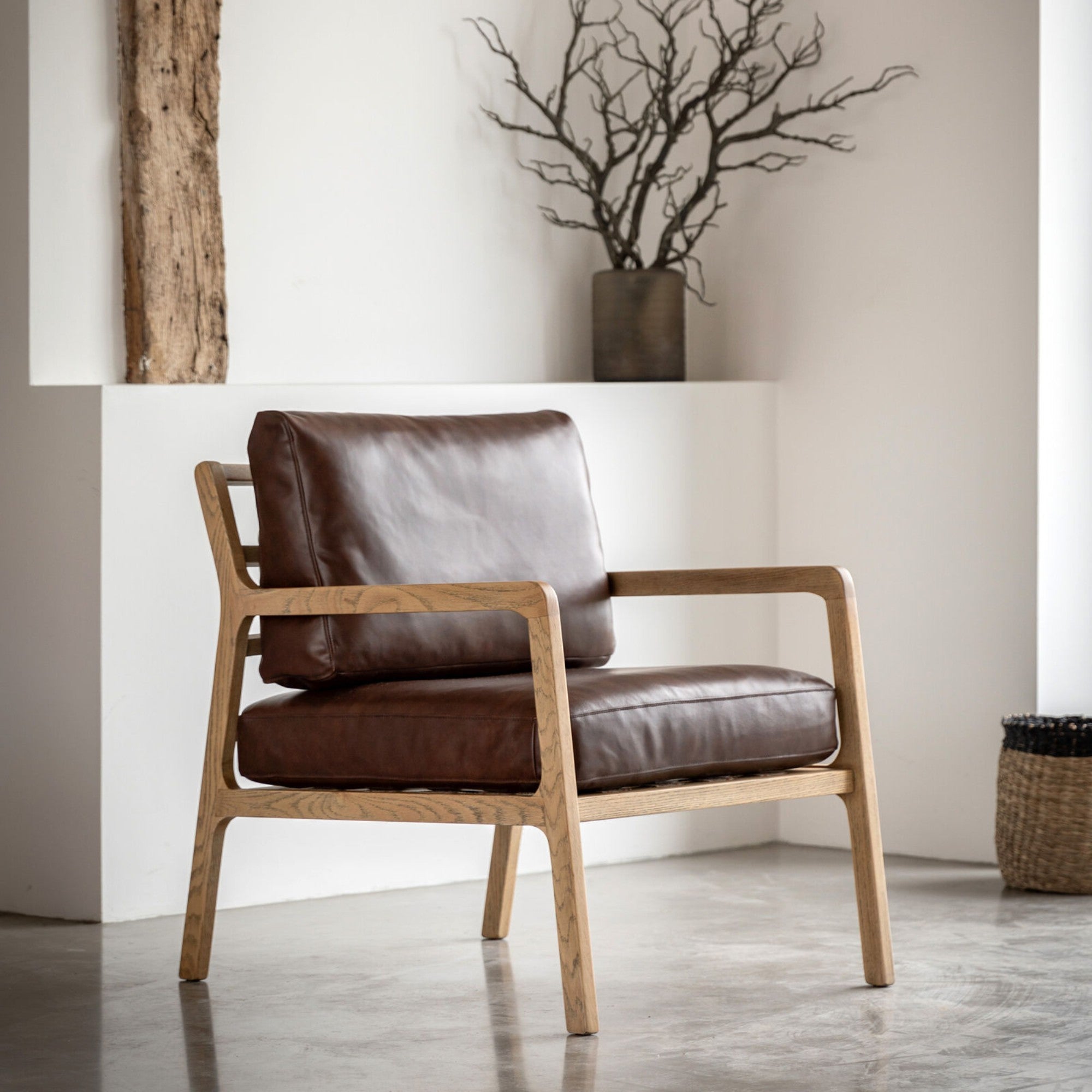 Cortona brown leather upholstered armchair with solid oak frame | malletandplane.com