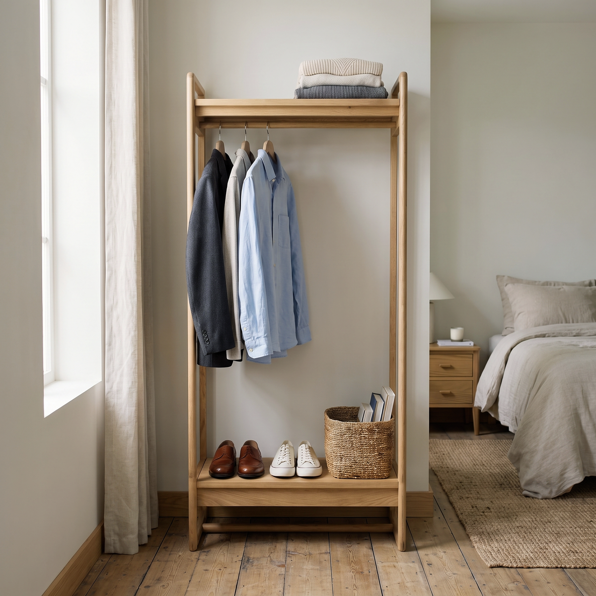 CRAFT natural oak open wardrobe with hanging rail and top and lower shelves