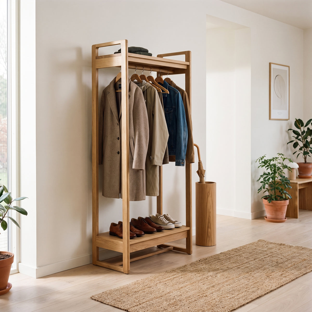 CRAFT natural oak open wardrobe with hanging rail and top and lower shelves