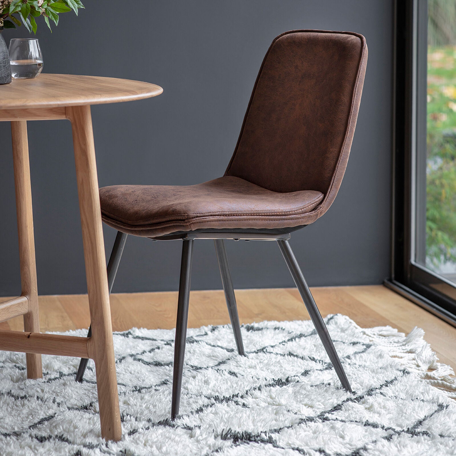 Camden sleek dining chair in faux brown leather | malletandplane.com