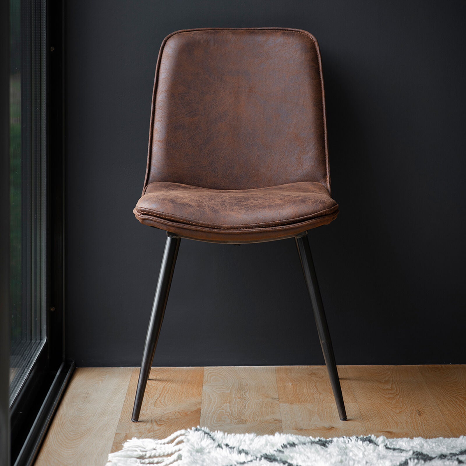 Camden sleek dining chair in faux brown leather | malletandplane.com