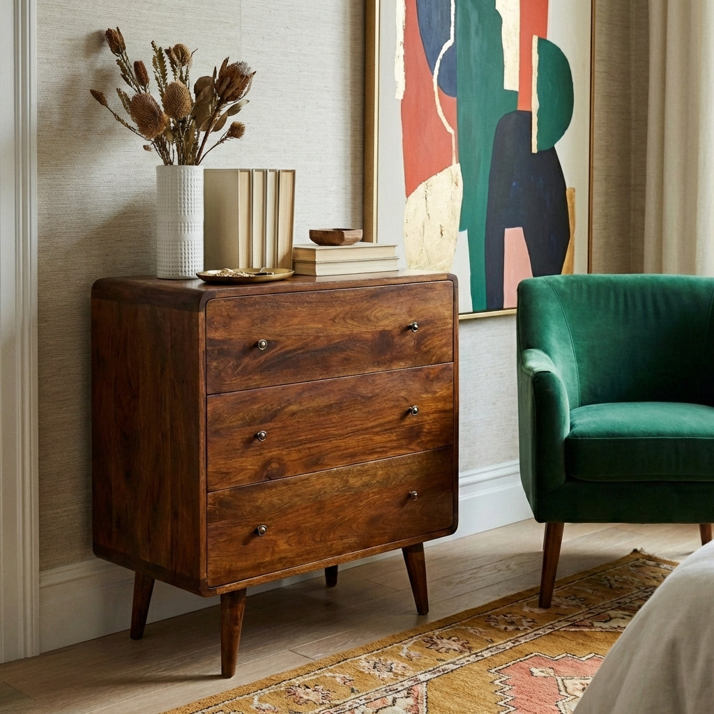Century handmade solid wood 3 drawer chest of drawers in deep chestnut finish