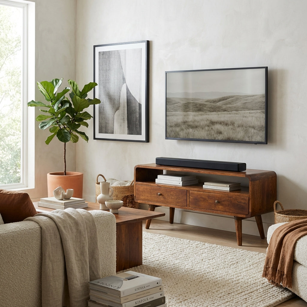 Century handmade wooden TV stand with 2 drawers in deep chestnut finish