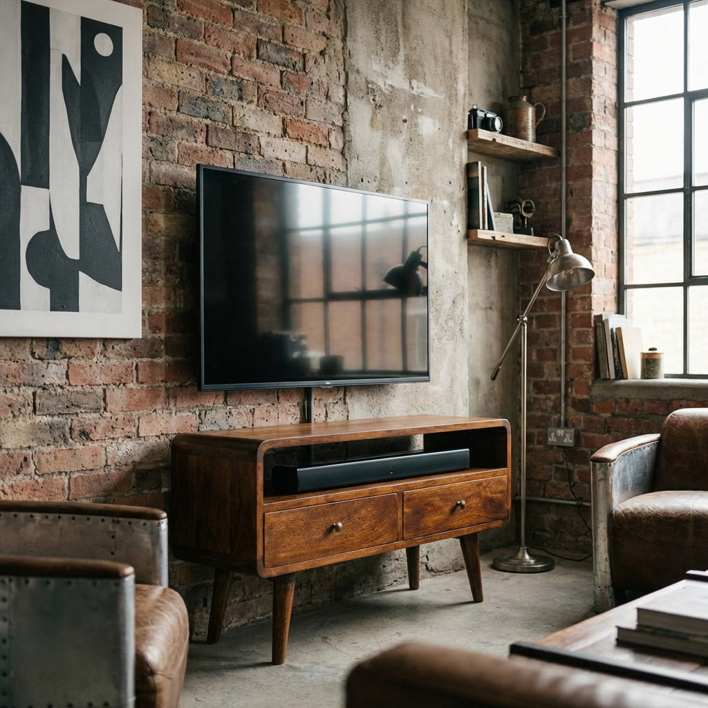 Century handmade wooden TV stand with 2 drawers in deep chestnut finish