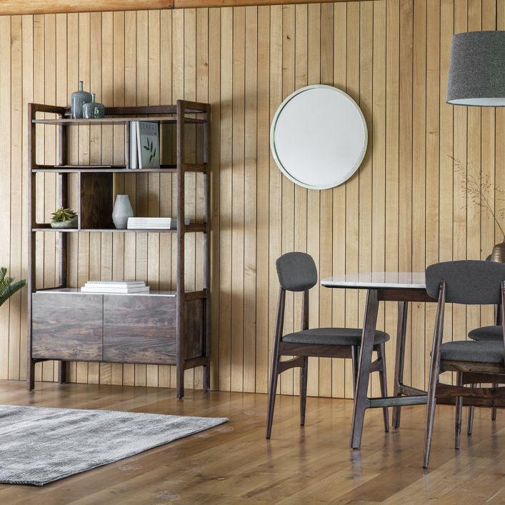 Fresca storage shelves with 2 door cupboard finished in walnut with a white marble panel| malletandplane.com