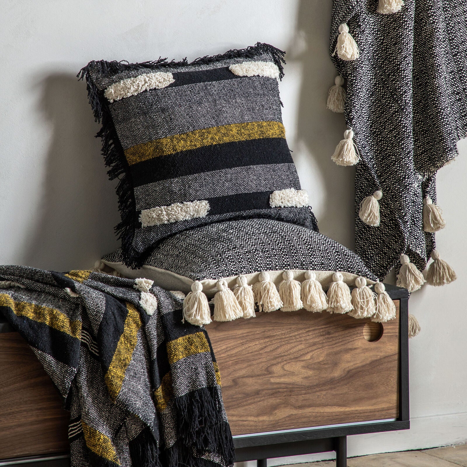 Dustin polycotton tassel throw with woven cream and black pattern | malletandplane.com