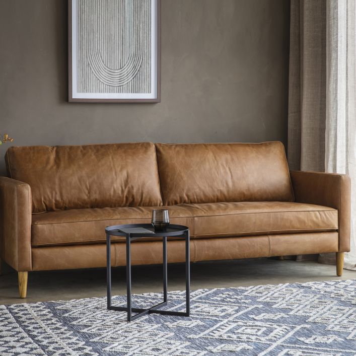 Granville 3 seat sofa in vintage brown top grain leather upholstery with ash legs | malletandplane.com