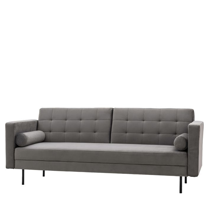 Greg click clack sofa bed with bolster cushions in Grey or Bottle Green fabric upholstery | malletandplane.com