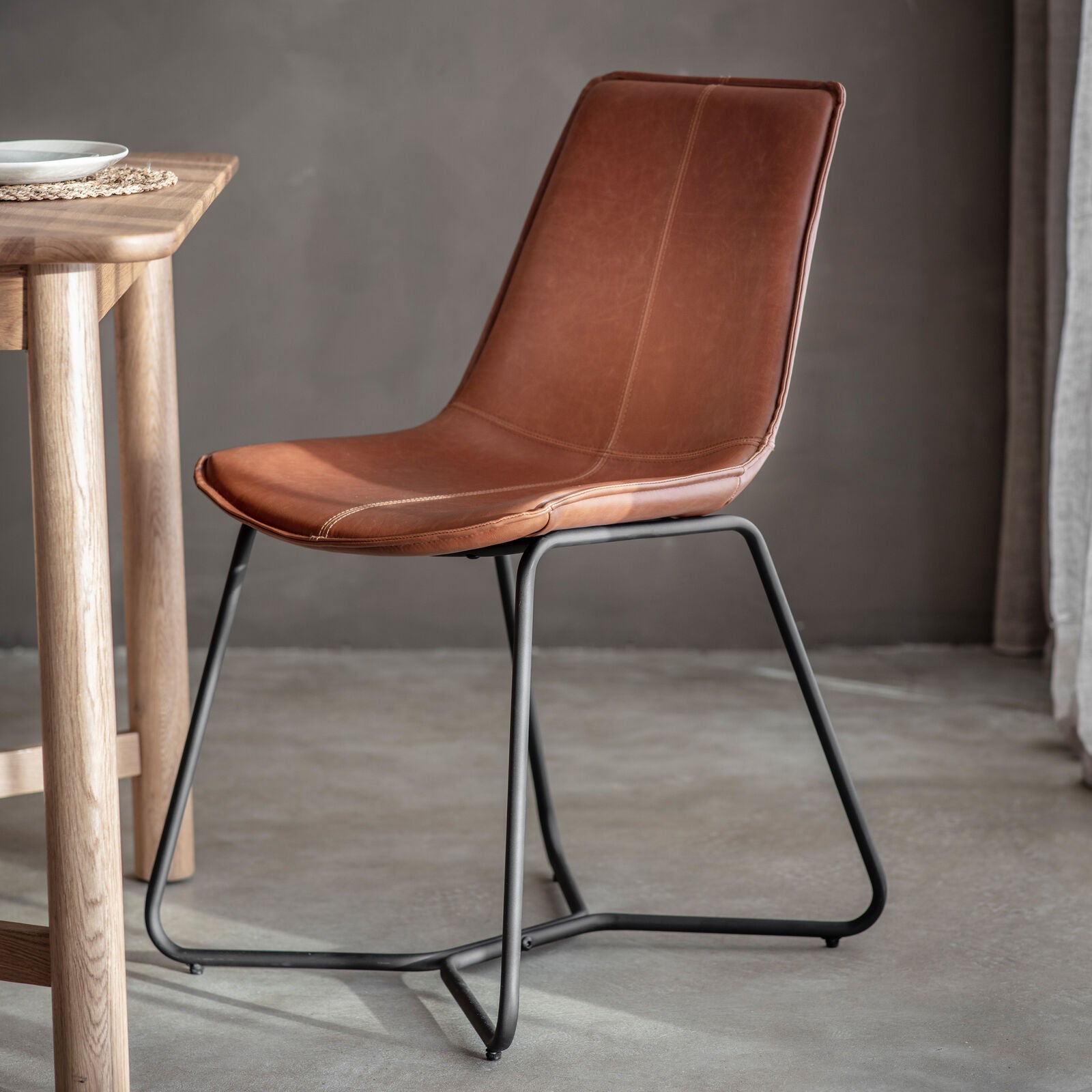 Ealing pack of 2 dining chairs in brown PU leather upholstery with metal base | malletandplane.com