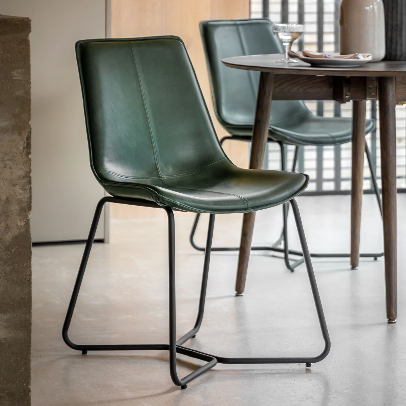 Ealing pack of 2 dining chairs in green PU leather upholstery with metal base | malletandplane.com