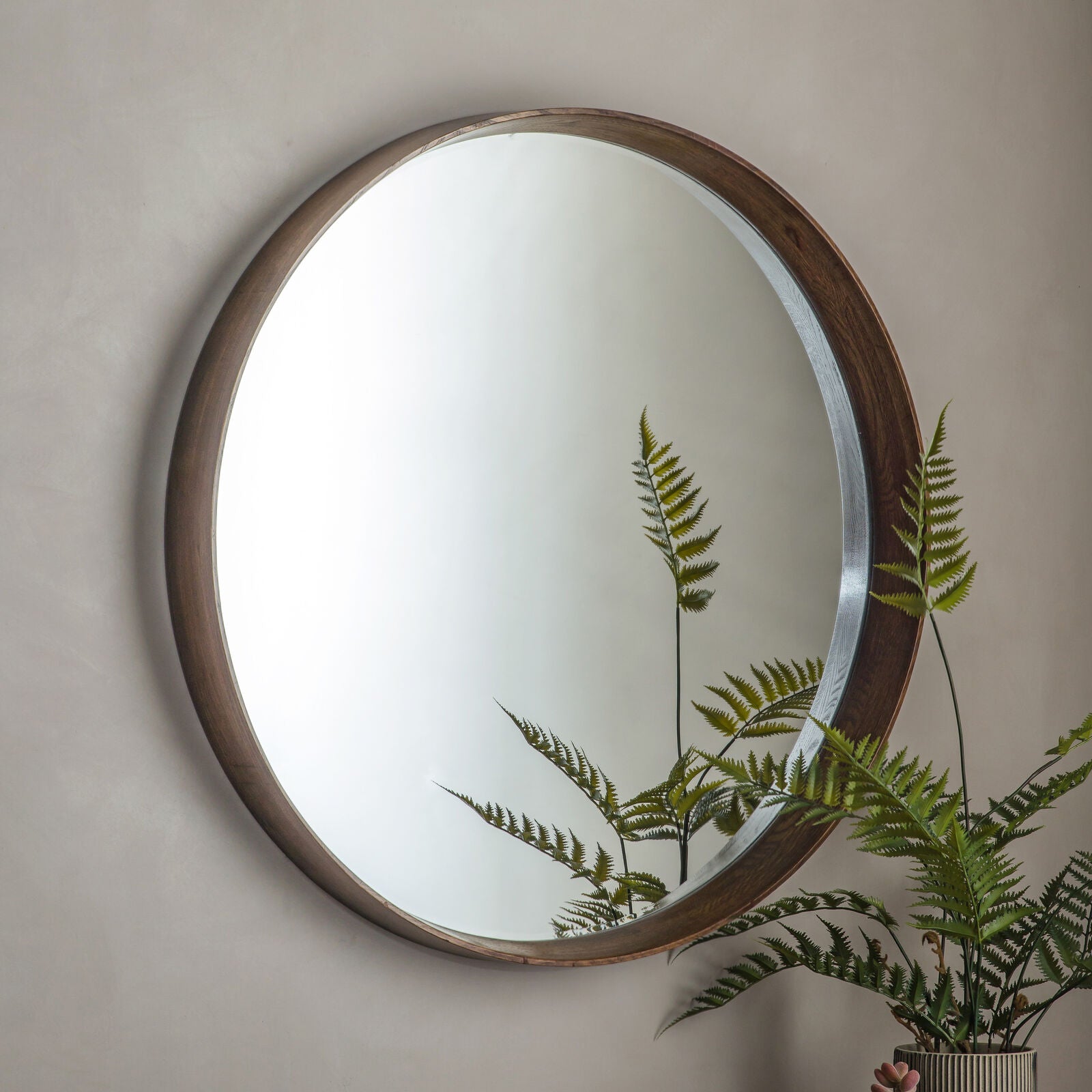 ECHO Large Walnut Round Mirror – Solid Wood Bevelled Frame | malletandplane.com