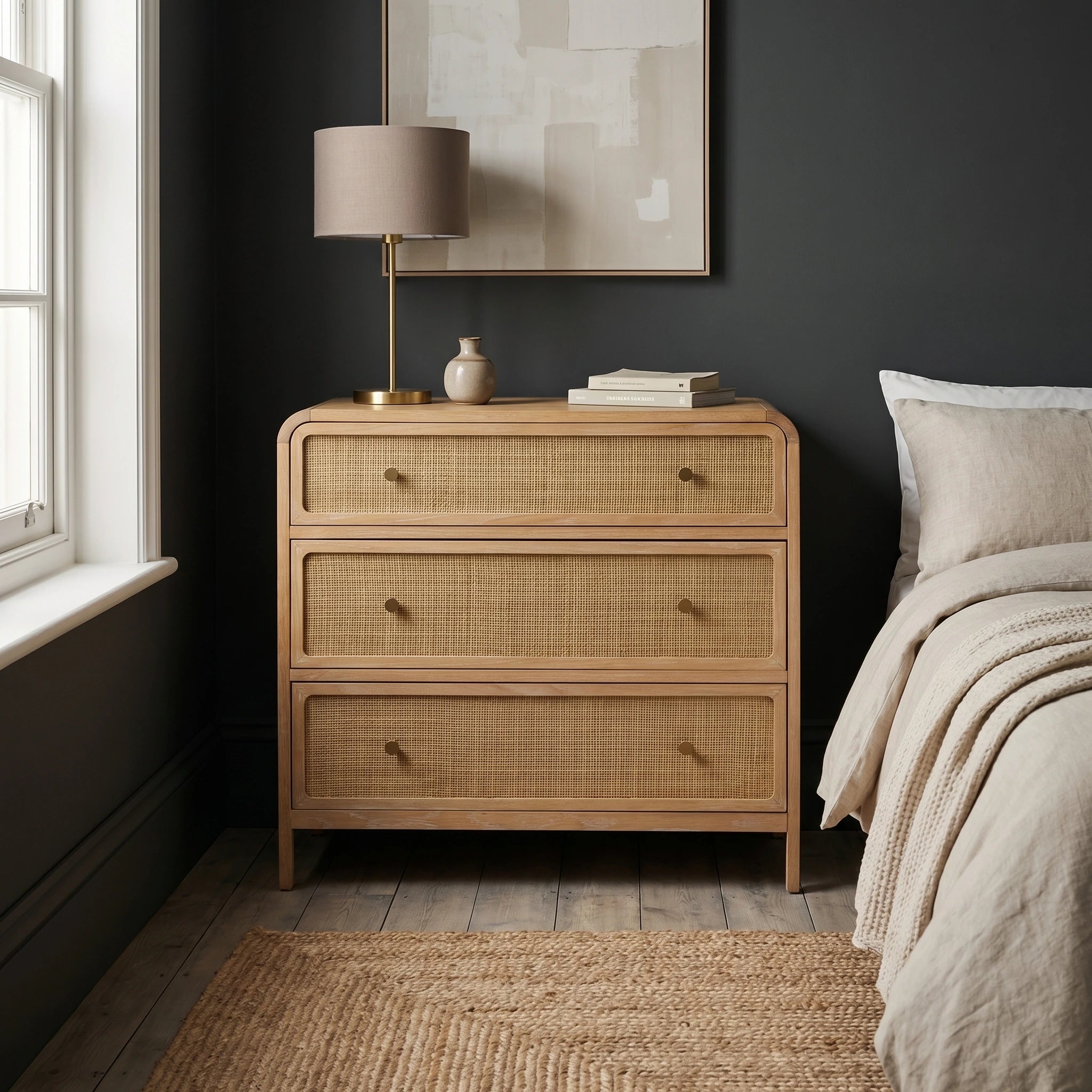 EDDA Oak & Cane 3 Drawer Chest of Drawers