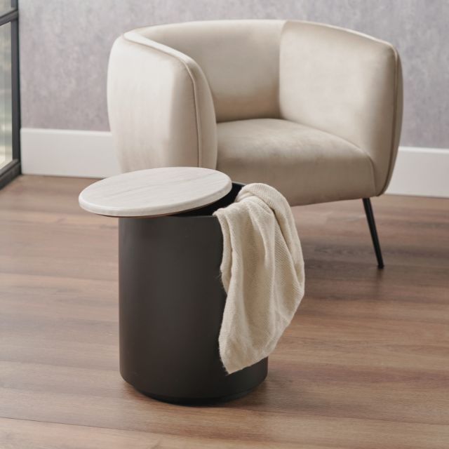 ELIOT Side Table – Marble-Look Top & Black Metal Storage Base | malletandplane.com