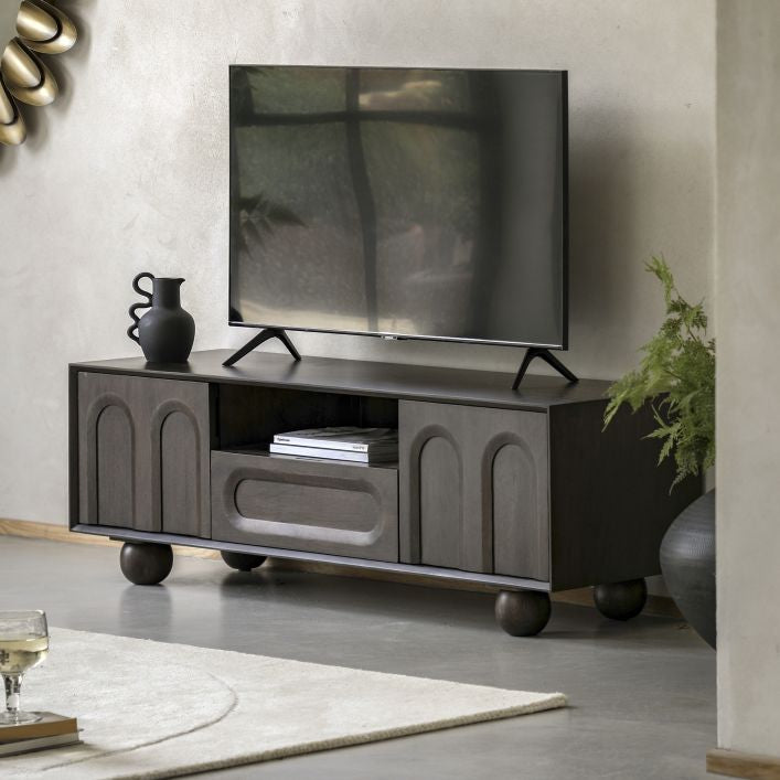 Paolo solid mango wood TV Stand in deep walnut finish | malletandplane.com