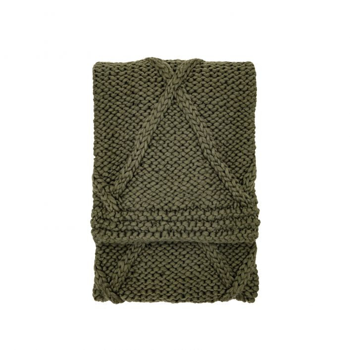 Knitted chunky cable throw in olive green | malletandplane.com