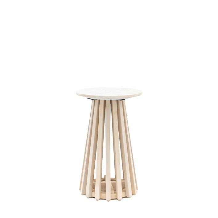 Compton mango wood and white marble round side table | malletandplane.com