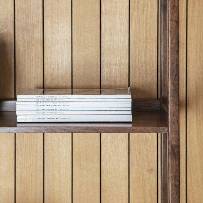 Fresca storage shelves with 2 door cupboard finished in walnut with a white marble panel| malletandplane.com