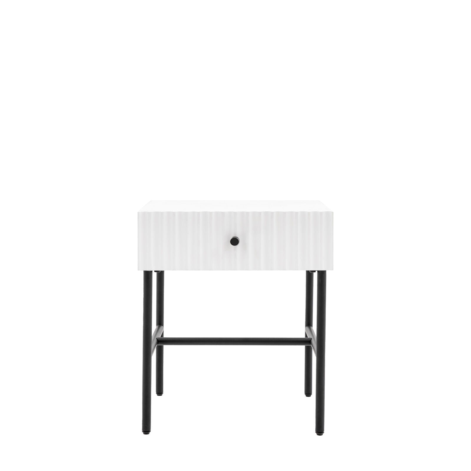 Flute bedside table with drawer in white finish with scalloped fascia and black metal underframe | malletandplane.com