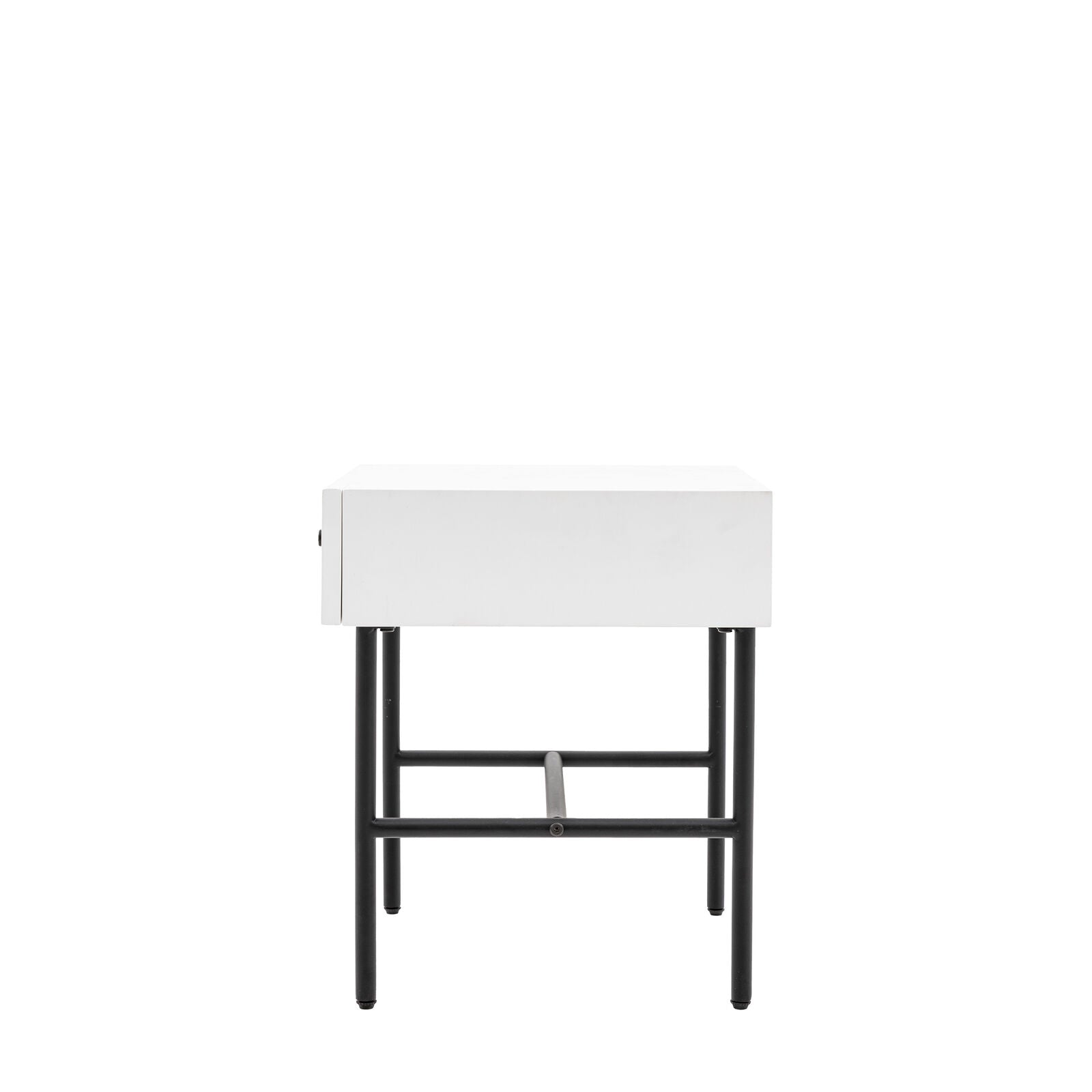 Flute bedside table with drawer in white finish with scalloped fascia and black metal underframe | malletandplane.com